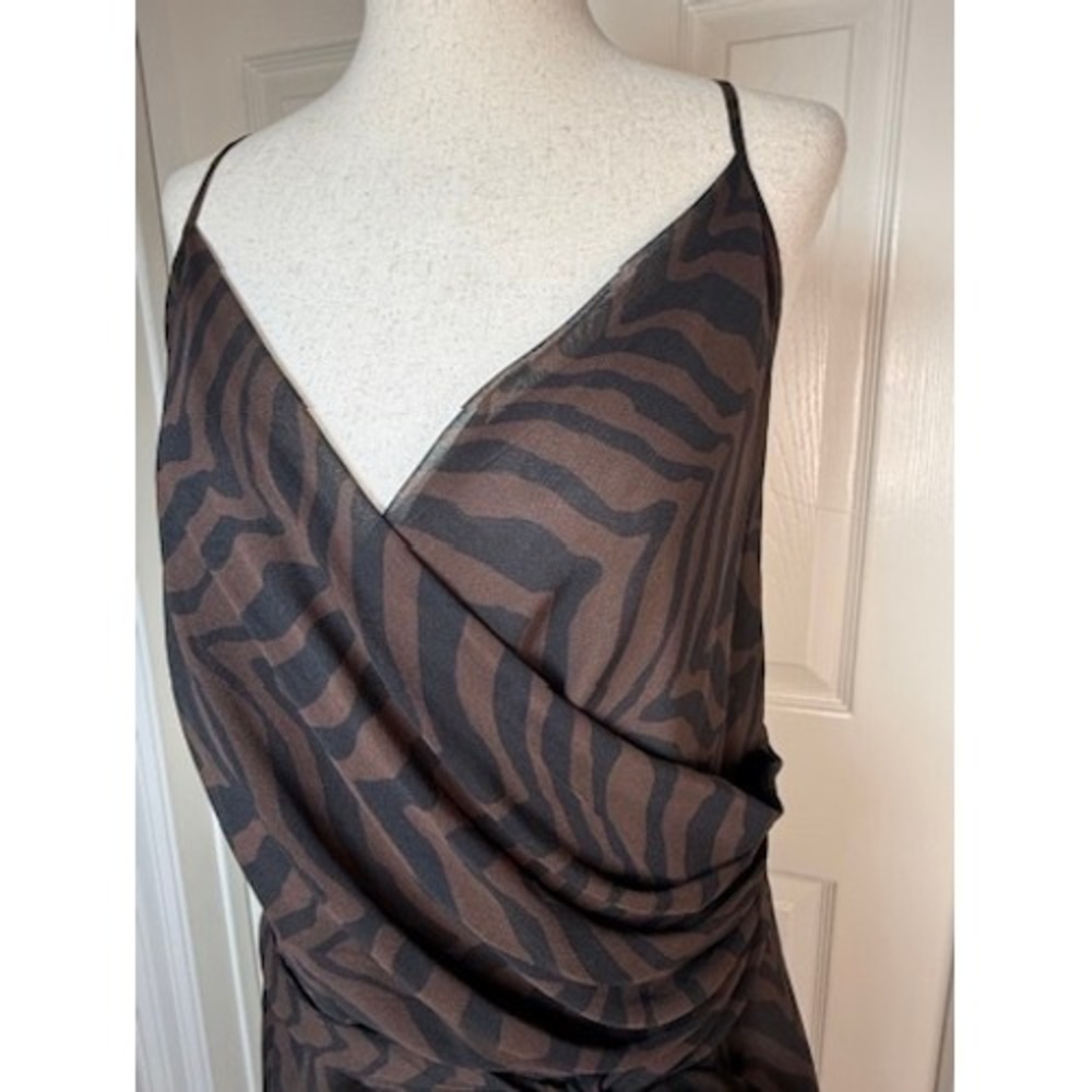Vintage Talbots Silk Zebra Print Midi Dress Brown Black Wrap Tie Waist Size 14 - Picture 2 of 8